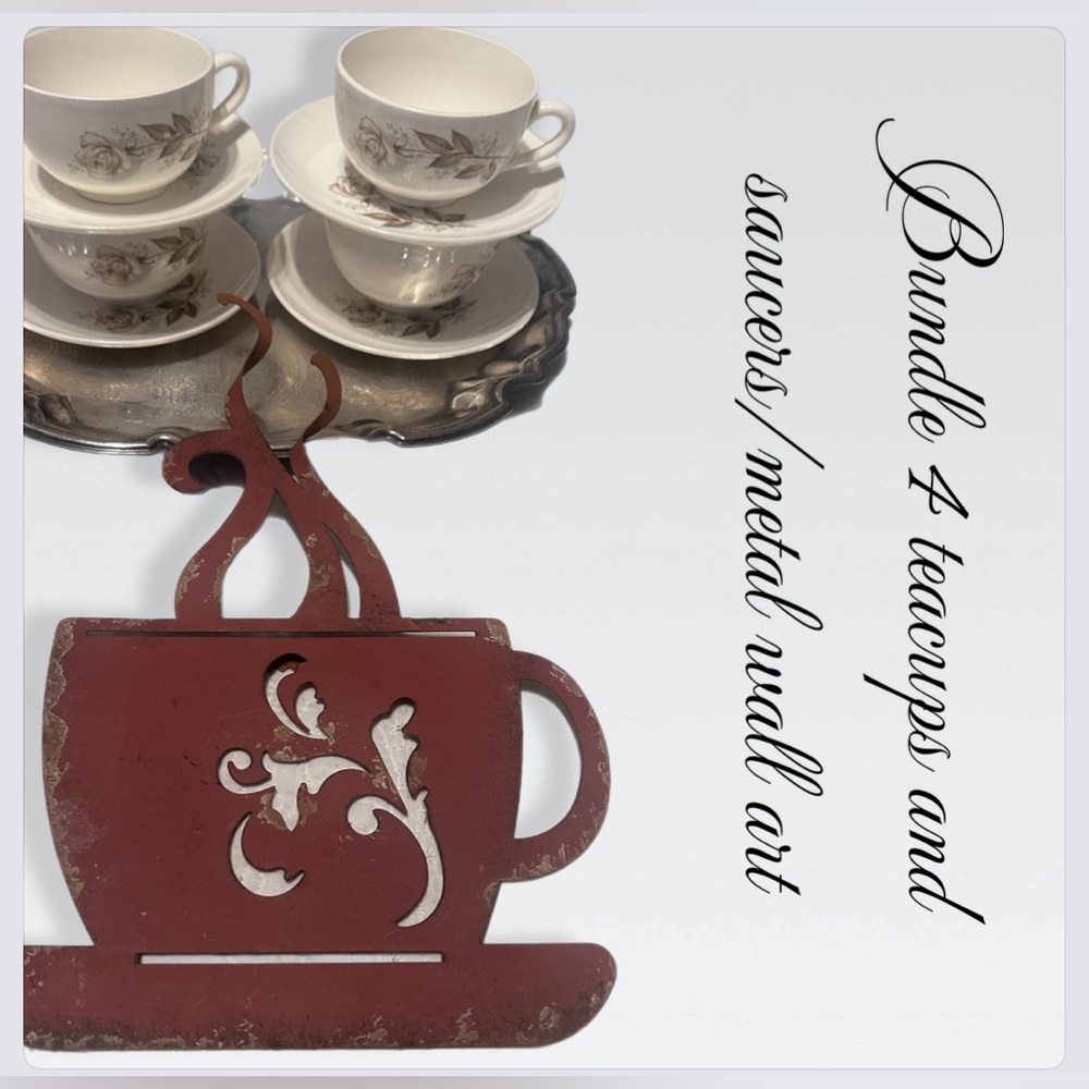 Vintage set of four tea cups/saucers ,metal wall art bundle